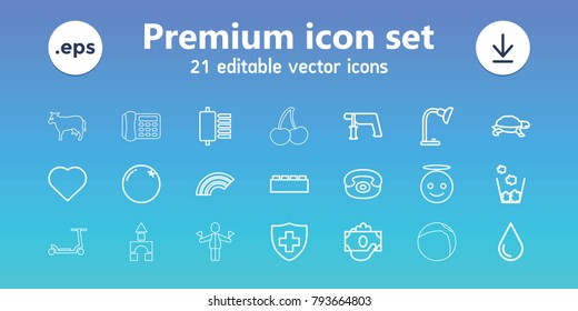 Color icons. set of 21 editable outline color icons includes orange, turtle, hearts, water drop, nail gun, emoji angel, building block, money in hand, medical sign, spu