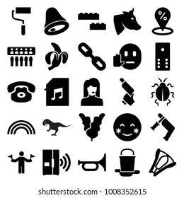 Color icons. set of 25 editable filled color icons such as man with flags, cow, roller, nail gun, sale location, trumpet, blush, desk phone, memory card with music, spu, link