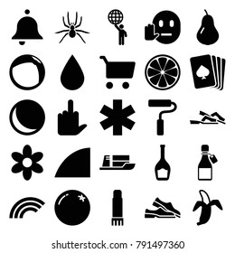 Color icons. set of 25 editable filled color icons such as orange, pear, flower, pllaying card, sphere, shopping cart, banana, glue pen, angle, paint roller, man holding globe
