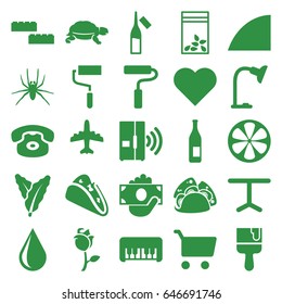 Color icons set. set of 25 color filled icons such as spinach, spider, turtle, piano toy, water drop, plane, roller, paint brush, taco, table, seed bag, ampoule, lemon, rose