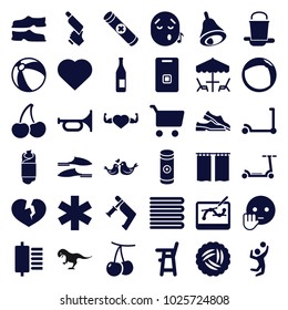 Color icons. set of 36 editable filled color icons such as nest, cherry, towels, kick scooter, beach ball, baby chair, hearts, slippers, nail gun, trumpet, bye emot, bottle