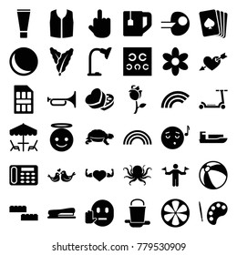 Color icons. set of 36 editable filled color icons such as spinach, man with flags, octopus, turtle, beach ball, flower, pllaying card, sleeveless shirt, desk phone, ship