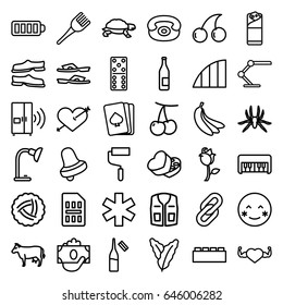 Color icons set. set of 36 color outline icons such as cow, spider, turtle, nest, cherry, spinach, piano toy, coloring brush, pllaying card, domino, cherry, bell, slippers