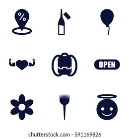 color icons set. Set of 9 color filled icons such as baloon, flower, barber brush, emoji angel, ampoule, heart with muscles, open, backpack