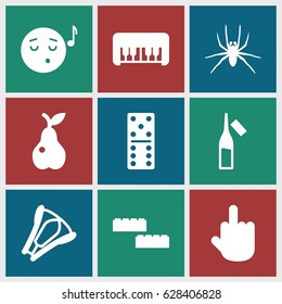 Color icons set. set of 9 color filled icons such as spider, piano toy, domino, emoji listening music, middle finger, pear, ampoule, stapler