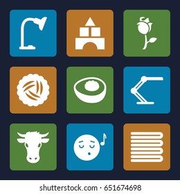 Color icons set. set of 9 color filled icons such as nest, cow, towels, toy tower, emoji listening music, rose, table lamp