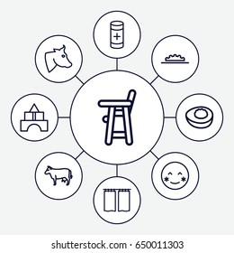 Color icons set. set of 9 color outline icons such as cow, baby chair, toy tower, battery, camera wheel, avocado, curtain