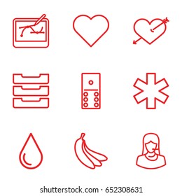 Color icons set. set of 9 color outline icons such as water drop, medical sign, customer support, table box, banana, pen tool on tablet, heart with arrow, heart