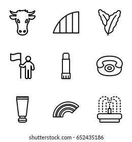 Color icons set. set of 9 color outline icons such as cow, spinach, cream tube, fountain, glue pen, angle, desk phone, man with flag