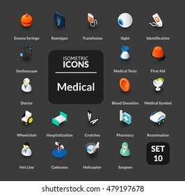Color icons set in flat isometric illustration style, vector symbols - Medical collection