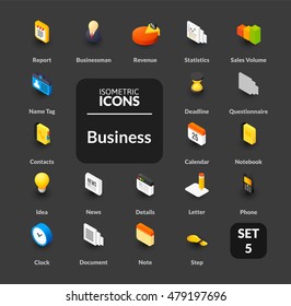 Ícones de cores definidos em estilo de ilustração isométrica plana, símbolos vetoriais - Coleção Business