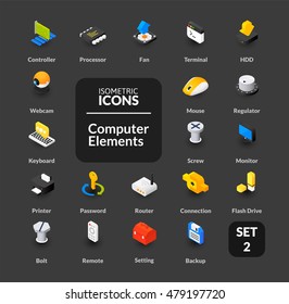 Color icons set in flat isometric illustration style, vector symbols - Computer collection