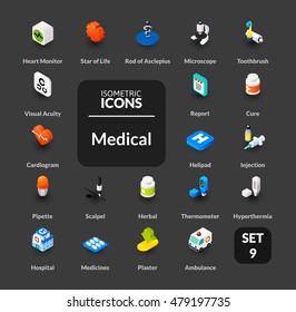 Color icons set in flat isometric illustration style, vector symbols - Medical collection