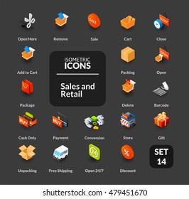 Color icons set in flat isometric illustration style, vector symbols - Sales and retail collection