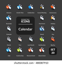 Color icons set in flat isometric illustration style, vector symbols - Calendar collection