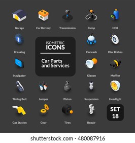 Color icons set in flat isometric illustration style, vector symbols - Car parts and services collection