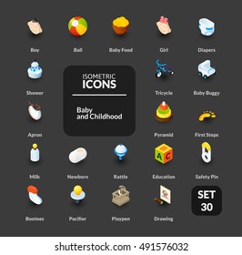 Color icons set in flat isometric illustration style, vector symbols - Baby and childhood collection