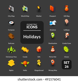 Color icons set in flat isometric illustration style, vector symbols - Holidays collection