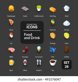 Color icons set in flat isometric illustration style, vector symbols - Food and drink collection