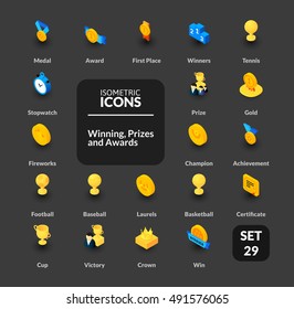 Iconos de color establecidos en estilo de ilustración isométrica plano, símbolos vectoriales. Ganadores, premios y premios