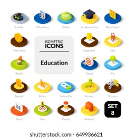 Color Icons Set In Flat Isometric Illustration Style, Vector Symbols - Education Collection