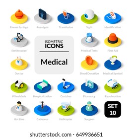 Color Icons Set In Flat Isometric Illustration Style, Vector Symbols - Medical Collection