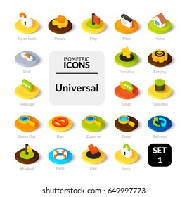 Color icons set in flat isometric illustration style, vector symbols - Universal collection