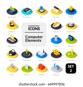 Color icons set in flat isometric illustration style, vector symbols - Computer collection