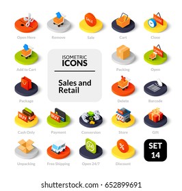 Color icons set in flat isometric illustration style, vector symbols - Sales and retail collection