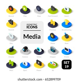 Color icons set in flat isometric illustration style, vector symbols - Media collection
