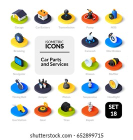 Color icons set in flat isometric illustration style, vector symbols - Car parts and services collection