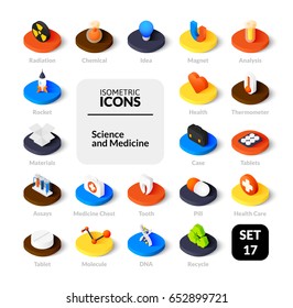 Iconos de color establecidos en estilo de ilustración isométrica plana, símbolos vectoriales - Colección de ciencia y medicina