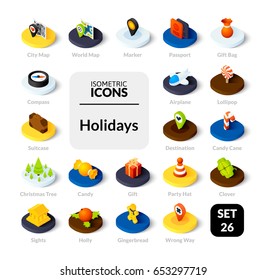 Color icons set in flat isometric illustration style, vector symbols - Holidays collection