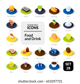 Color icons set in flat isometric illustration style, vector symbols - Food and drink collection