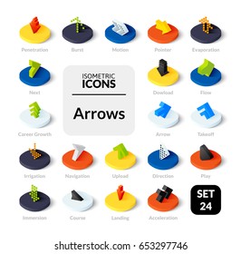 Color icons set in flat isometric illustration style, vector symbols - Arrows collection