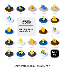 Color icons set in flat isometric illustration style, vector symbols - Winning, Prizes and awards collection