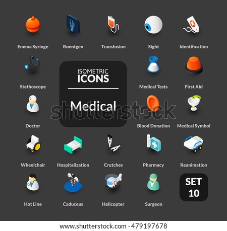 Color icons set in flat isometric illustration style, vector symbols - Medical collection