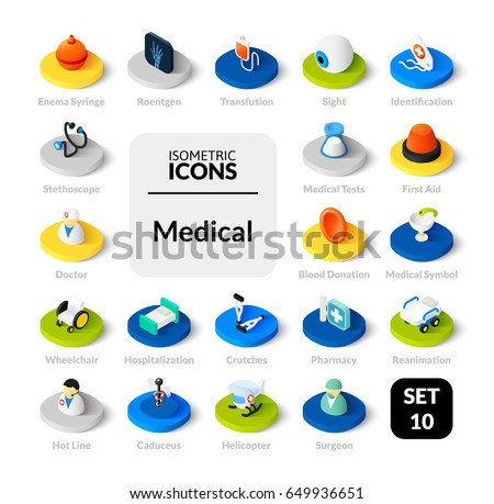 Color icons set in flat isometric illustration style, vector symbols - Medical collection