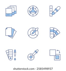 Color icons set. Line Duotone style, editable stroke. fill, paper, color sample, color wheel, pantone, pipette, eyedropper, palette, picker.