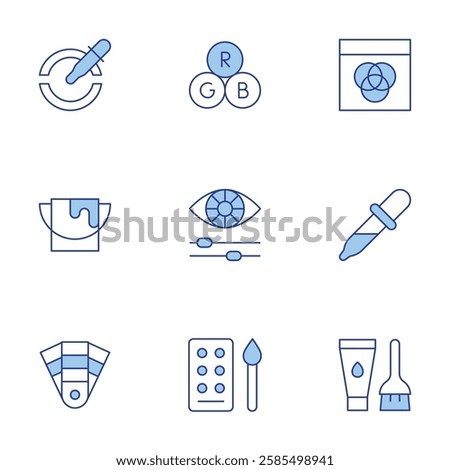 Color icons set. Line Duotone style, editable stroke. color picker, pipette, pantone, color adjustment, rgb, color palette, hair dye, paint bucket.