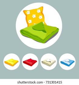 Color icons stacked bed linen or bedspread and pillow. Vector Illustration of a cartoon.