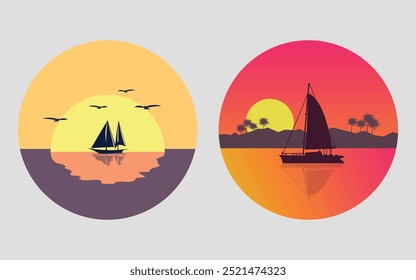 Color icons with a yacht in the sea and the sun on the horizon. Vector
