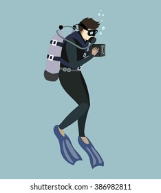 color illustrate diver, with oxygen balloon ,underwater camera, mask and flippers, swimming sport draw, sea 
underwater filming