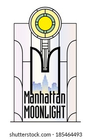 A color illustration in art deco style - a stained glass window with a view of the Manhattan skyline.