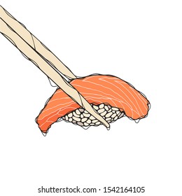 Color illustration of asian food. Sushi is eaten with chopsticks.