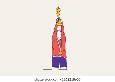 Color illustration of an athlete winning a competition . Spain's women's football team victory