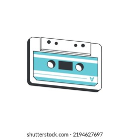 Color illustration of an audio cassette on a white background. Vector illustration. Design element for poster, banner, print, sticker, badge. Musical symbols in retro style.