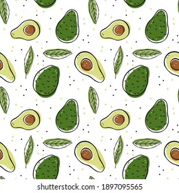 Color illustration of avocado fruit seamless pattern. Whole fruit, pieces, leaves. Simple cute doodle style. Isolated objects on a white background.