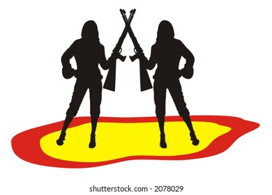 color illustration of babes with rifles - vector ilustration