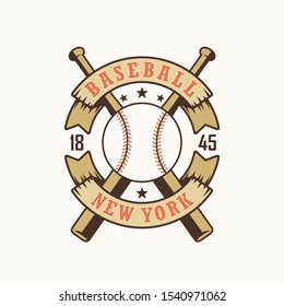 Color illustration of a ball, bat, stars and banner with text. Vector illustration on a sports theme. Baseball championship. Baseball club logo
